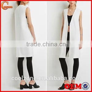 Collarless V-neck Longline Women Vest Woven Vests With Pockets thumbnail-1