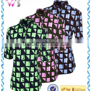 100% Polyester,Women's Square Print Twilight Zipper up Short Sleeve Polo Shirt thumbnail-1