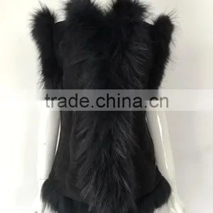 YR098 Genuine Suede Leather With Raccoon Fur Trimming Vest thumbnail-2