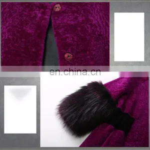 Hot Pink Merino Sheep Wool Sheep Shearling Fur Rose Red Overcoat With Raccoon Trimming thumbnail-4