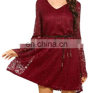 New Design Women's Elegant Lace Dress Summer Sexy V Collar Crochet Dress thumbnail-6
