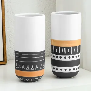 Black And White Stripe Fashion Colored Drawing Ceramic Flower Vase For Restaurant Dining Table thumbnail-1