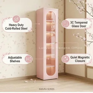 Arched Glass Door Steel Bookcase — Vintage Gold Handle Display Cabinet With Magnetic Quiet Close thumbnail-1