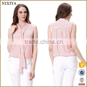 Lady Fashion Pink Striped Printed Tie Sleeveless Tops thumbnail-1