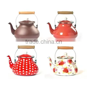 High Quality Flower Decoration Decal Printing Tea Kettle Enamel Water Kettle With Wooden Handle thumbnail-1