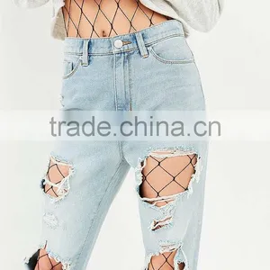2017 Popular Super Trendy And Cute Mesh Legging Out From Under Fishnet Catsuit Sexy Bodysuit Layered With Ripped Denim thumbnail-4