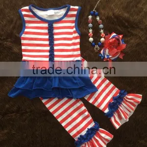 2015 New Baby Girls Ruffle Capri Dress Set July 4th Outfits With Matching Necklace and Bow thumbnail-1