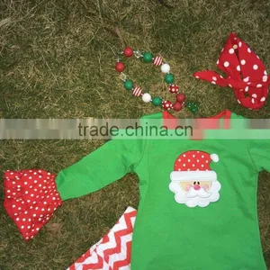 2T-7 Christmas Santa Outfits New Girls Design Green Top Red Chevron Pant With Matching Necklace and Headband Set thumbnail-2