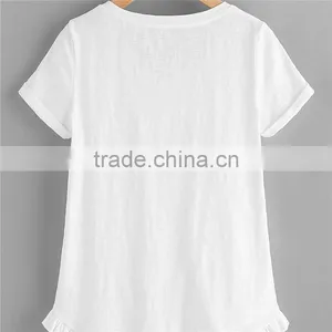 Plain White and Grey Pure Cotton Roll Cuff Ruffle Trim Slub T-shirt thumbnail-3