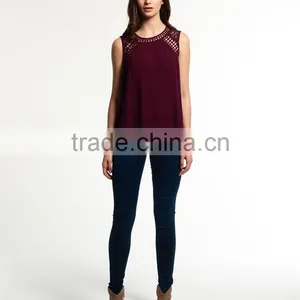 2017 Guangzhou Shandao Custom Logo New Fancy Style Women Summer Wine Red Chiffon Round Neck Sexy Sleeveless Top Photos thumbnail-4