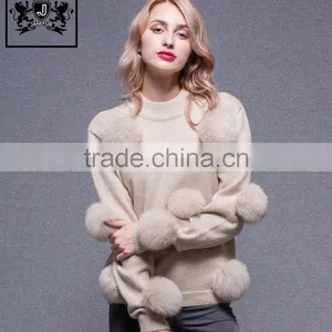 High Quality Fox Fur Pom Pom Decorated Woollen Sweater for Ladies thumbnail-2