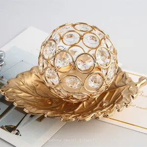 Wedding Gold Leaf Candle Holder Round Small Metal Crystal Ball Tealight Candle Stick Holder Light Table Centerpieces thumbnail-1