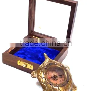 Vintage Brass Reproduction Tortoise Shaped Compass With Wooden Box 13523 thumbnail-1