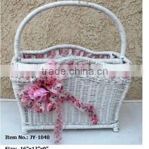 White & Pink Wicker Newspaper Basket With Ribbon thumbnail-1
