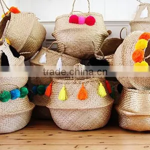 Pompom and Tassel Belly Seagrass Basket thumbnail-1