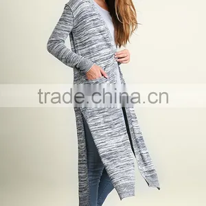 Casual Wear Clothing Manufacturer OEM Custom Made Cotton Polyester Heather Knit Open Cardigan Lounge Ladies Long Tail Blouses thumbnail-2