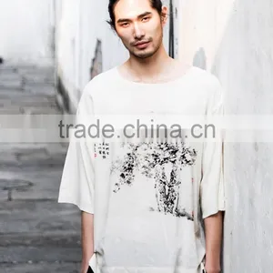 The Chinese Style Summer New Loose Cotton and Linen Men Round Hem Chinese Ink and Wash Printing Half Sleeve Mens t Shirt thumbnail-1