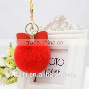 Sweety Cute Koreal Style Rex Rabbit Fur Balls Keychain With Bowknot Leather Keychain thumbnail-5