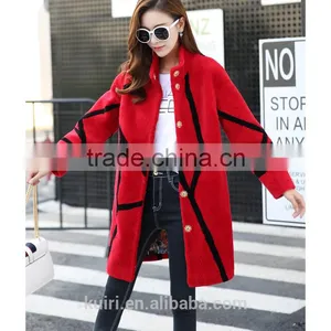 Newest Merino Sheep Shearing Coat Contrast Color Fur One Piece Overcoat Colorant Match Female Medium-long Overcoat thumbnail-1