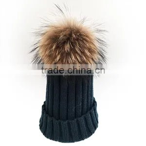 Myfur Navy High Quality Cheap Wool Knit Cap and Hat With Real Raccoon Fur Pompom thumbnail-1