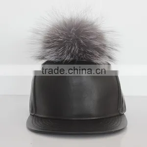 Myfur Man Handsome Style Pure Leather Baseball Cap Hat With Real Silver Fox Fur Bobble Cap thumbnail-2