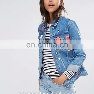 New Design 100% Cotton Jeans Jacket Women Badge Detail Jean Jacket Wholesale thumbnail-2