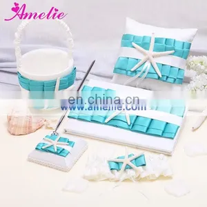 New Turquoise Wedding Sets(Wedding Guest Book and Pen Holder,flower Basket,ring Pillow,garter) thumbnail-1