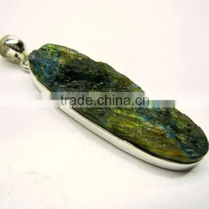 Labradorite Long Oval Druzy Rough Gemstone Pendant, 925 Solid Sterling Silver Pendant, Designer Raw Bezel Pendant thumbnail-1