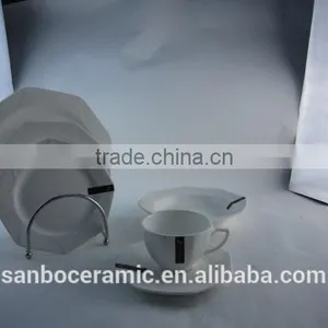 New Modern Square Dinner Set 47 Pcs White Diamond Shape Plate Gold and Silver Rim thumbnail-1