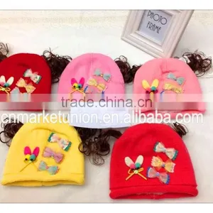100% Acrylic Baby Girl Applique Hats With Hair ,any Color as Customer Request thumbnail-2