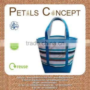 Natural Canvas Multicolor Strip Printed Tote Bag Wit Jute Trimmed Top thumbnail-1