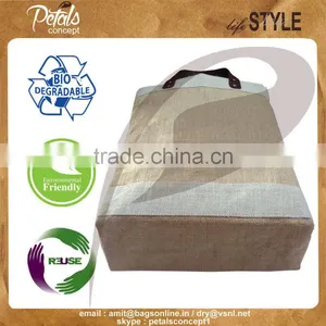 Leather Handle Jute Bag - With Removable Hard Base - Genuine Leather Handle - Luxary Bag thumbnail-3
