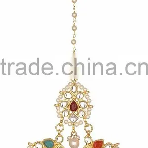 NAVRATAN Kundan Jadau Earring Tikka Gold Plated Chand Bali Set thumbnail-4