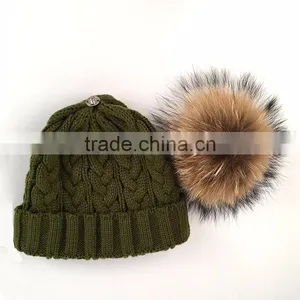 Myfur Khaki Green Wool Knitting Cap and Hat for Adults With Real Raccoon Fur Pom Pom thumbnail-3