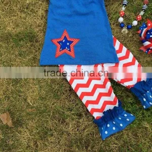 2015 Hot Sell Baby Girls 4th of July Patriotic Capri Sets Ruffle Outfits With Matching Necklace and Neckalce thumbnail-3