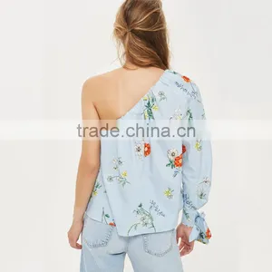 Tie Cuff Modern Lady's One Shoulder Stripe and Floral Poplin Blouse thumbnail-2