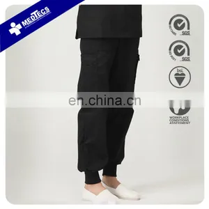 Women Solid Black Pocket Elastic Waist Nurse Scrub Pants thumbnail-1