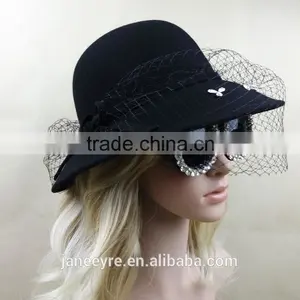 Hot Sale Women's Wide Brim Wool Felt Hats With Veil Fascinator thumbnail-2