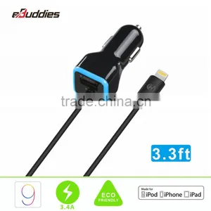 Car Charger EBuddies MFI Certified 3.4A Dual Output Car Charger With 4ft Cable for IPhone 6 5 7 SE thumbnail-5