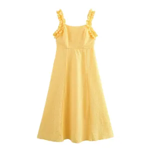 New Women's Solid Color Pullover Square Neck Sleeveless Textured Camisole Mid Length Dress thumbnail-5