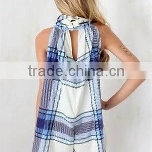 2015 Blue Cheque Playsuit Jumpsuit Shorts Adult Short Jumpsuit thumbnail-4