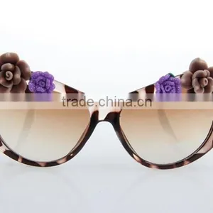 Handmade DIY Cat Eye Big Frame Plastic Flower Decorated UV Sunglasses thumbnail-1