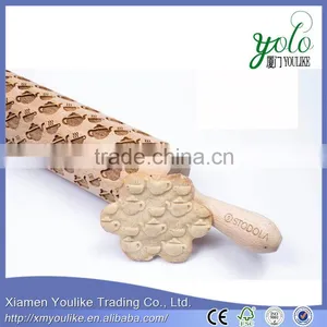 Eco-friendly Bamboo Rolling Pin With Engraved Tea Pot Pattern thumbnail-1