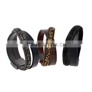 50PC Fashion Double Wrap Leather Bracelet Black Brown Crystal Leather Bangle Magnet Clasp thumbnail-1