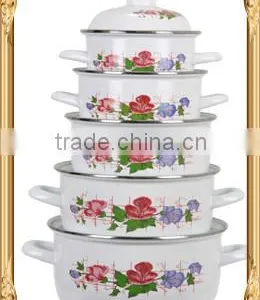 Stylish White Enamel Cookware Set Kitchenware Two Side Flower Decal Enamel Pot 5 Pcs Stock Belly Pot With Lid thumbnail-1