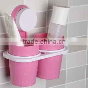 Sucker Hanging Plastic Two Cup Toothbrush Holder thumbnail-3