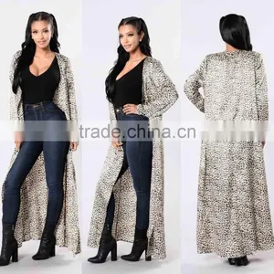 Women Polyester Spandex Blend Satin Leopard Open Front Longline Duster Coat thumbnail-1
