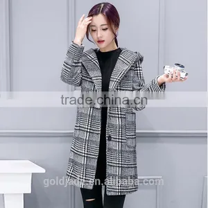 2016 Winter Ladies Black Long Plaid Wool Coat for Women and Ladies thumbnail-1