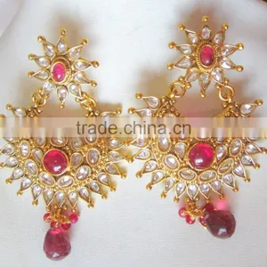 Pink Polki Gold Tone Dangler EARRING Pair thumbnail-3