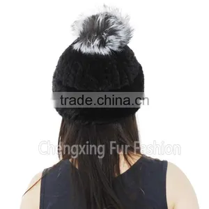 CX-C-239N Women Knitted Real Mink Fur Hats With Fox Fur Pom Pom thumbnail-2